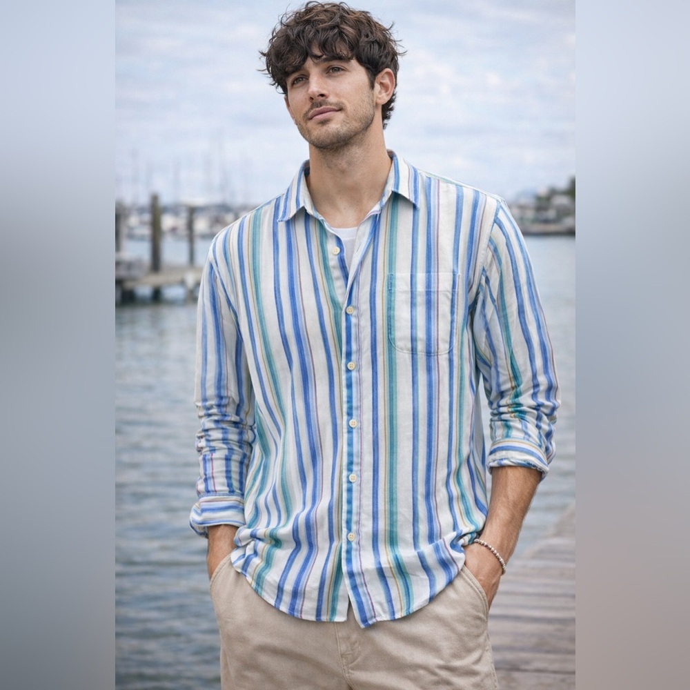 Tommy Bahama Men’s Large Baja Bay Linen Striped Long Sleeve Shirt